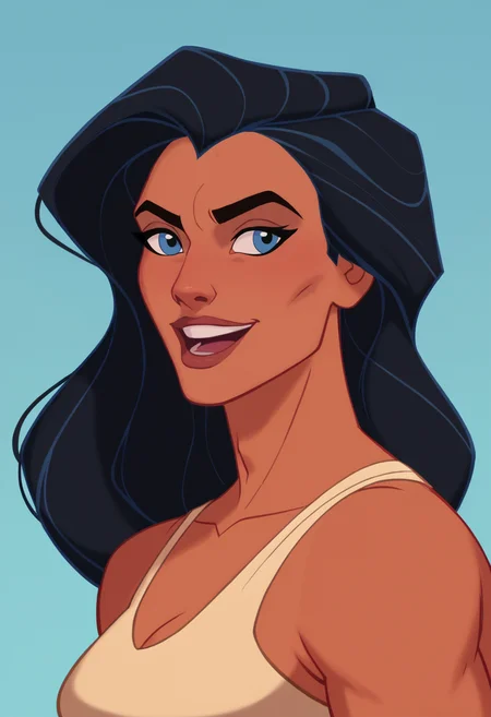 score_9, score_8_up, score_7_up, score_6_up, smile, wonder woman, open mouth, long hair, simple background, shirt, black hair, 1girl, blue eyes, upper body, :d, teeth, sleeveless, dark skin, upper teeth only, thick eyebrows, dark-skinned female, tank top, portrait, retro artstyle, <lora:Disney_Renaissance-06:1>