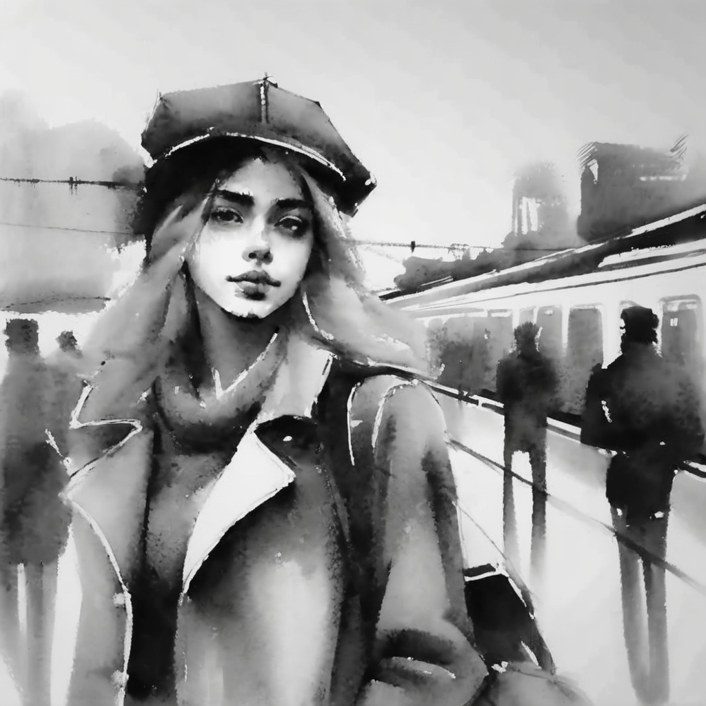 drawix22  beautiful girl at the station waiting for the train, very detailed, black ink<lora:drawix22:1>