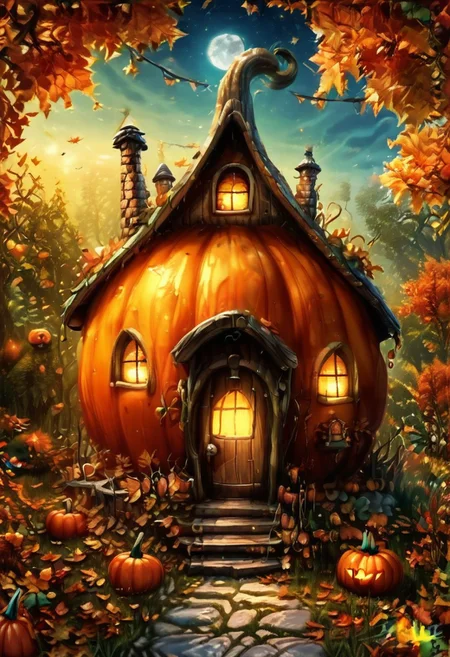 score_9, score_8_up, score_8,  ,,,  zzPumpkinHouse, starry sky, moon, leaf, watermark, grass, jack-o'-lantern, autumn leaves ,<lora:PumpkinHouse_PDXL_v1:0.8>,  ,,, embedding:zPDXL,  <lora:SDXLFaeTastic2400:0.5>,