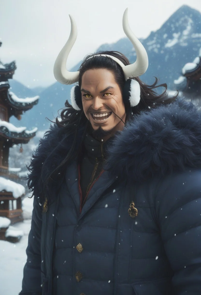 score_9, score_8_up, score_7_up, source_anime, rating_safe, snowing, KaidoOP, black_Kaido_facial hair, (white_Kaido_horns), black_Kaido_hair, yellow eyes, 1boy, male focus, fur trim, jacket, gloves, ear muffs, winter clothes, traveler, upper body, open mouth, wide smile, teeth, blurry outdoors, mountains, horizon, cute wallpaper,