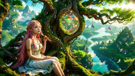 fantasy style,necklace,<lora:yuukananri-base-02-XL:0.7>,yuukananri,1girl with long pink hair,long straight hair,green eyes,(gently touching her face with a thoughtful expression),sitting gracefully on the canopy of a massive,ancient tree,the tree's twisted and moss-covered branches adorned with faintly glowing orbs,lively birds with jewel-like,iridescent feathers joyfully singing around her,the girl's outfit exquisitely designed in an elven style,emitting a soft,magical glow,the expansive background revealing a dreamy landscape with distant floating islands and an enchanting forest,the scene bathed in soft ambient light,creating an ethereal and whimsical atmosphere,highly detailed,intricate textures,dynamic composition,fantastical elements,rich colors,enchanting mood,(masterpiece:2),best quality,ultra highres,original,extremely detailed,perfect lighting,Cinematic Lighting,<lora:detailed_notrigger:1>,<lora:xl_more_art-full_v1:0.8>,<lora:MidjourneyV6.1:0.5>,midjourneyv6.1,