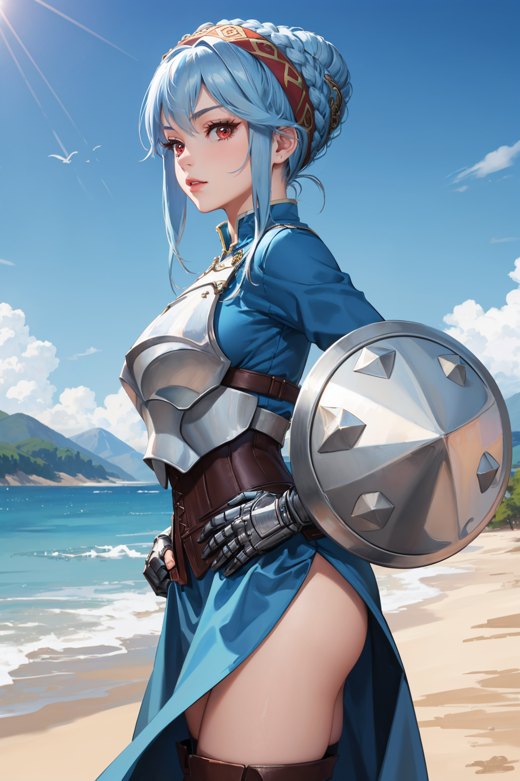 masterpiece, best quality, 1girl, solo <lora:uovirginia-nvwls-v1-000009:0.9> uovirginia, hair bun, red eyes, crown braid, hairband, blue dress, long sleeves, armor, corset, pelvic curtain, gauntlets, looking at viewer, armored boots, large breasts, from side, looking at viewer, hand on hip, blue sky, mountains