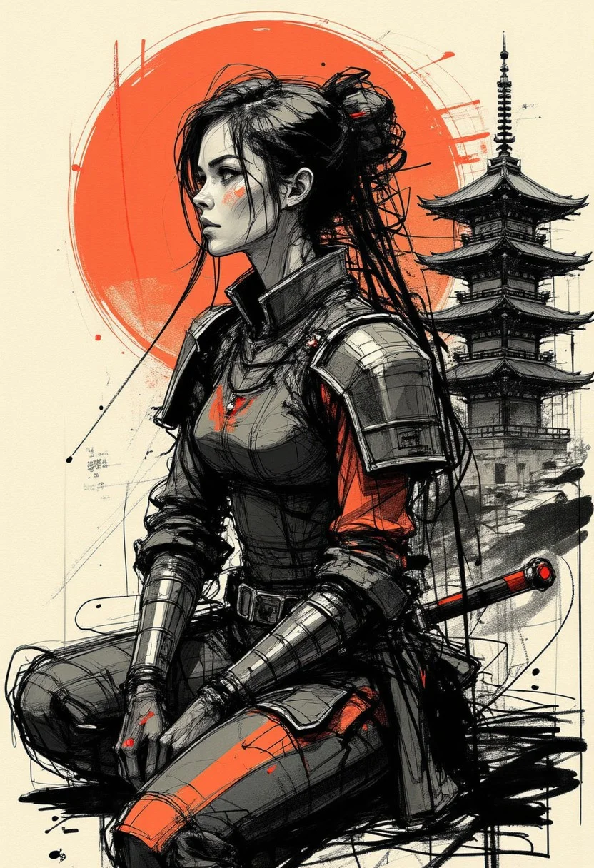 nvinkpunk, colored sketch in the style of ck-ccd, Japanese female warrior, long hair, bangs, sidelocks, hair ornament, black and red plated armour, sitting in front of a shinto shrine
