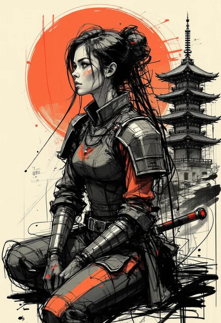 nvinkpunk, colored sketch in the style of ck-ccd, Japanese female warrior, long hair, bangs, sidelocks, hair ornament, black and red plated armour, sitting in front of a shinto shrine