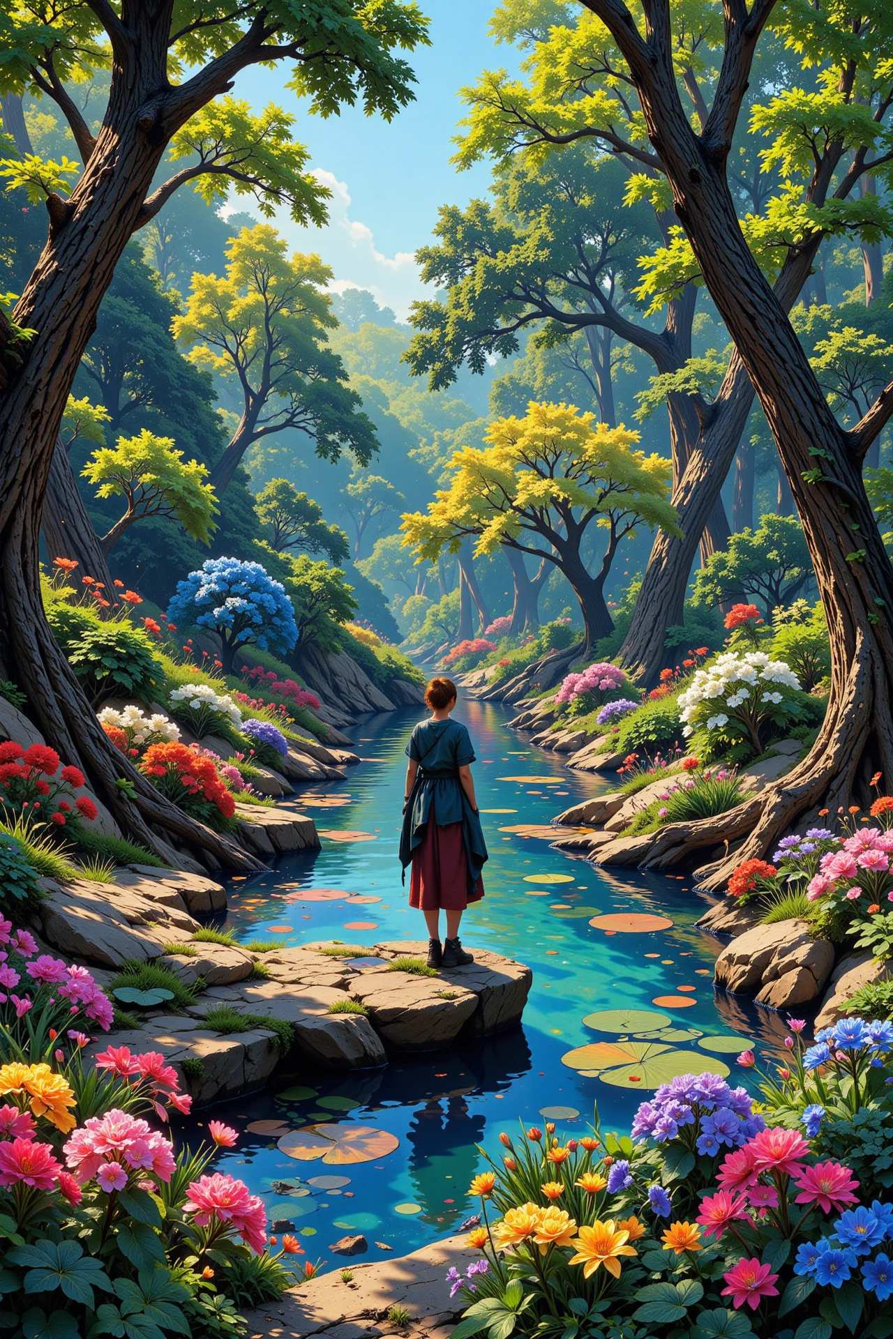pond beautiful  landscape, day, woman, very intricate, very detailed, sharp, bright, colorful, <lora:Hand v2:0.5> <lora:Anti-Blur:1><lora:Insane Detail Slider:0.25>  <lora:flux.1_lora_flyway_Epic-detail_v2:0.3> <lora:fluxenhancer:0.25>  <lora:Anime art - Variant 1:1>