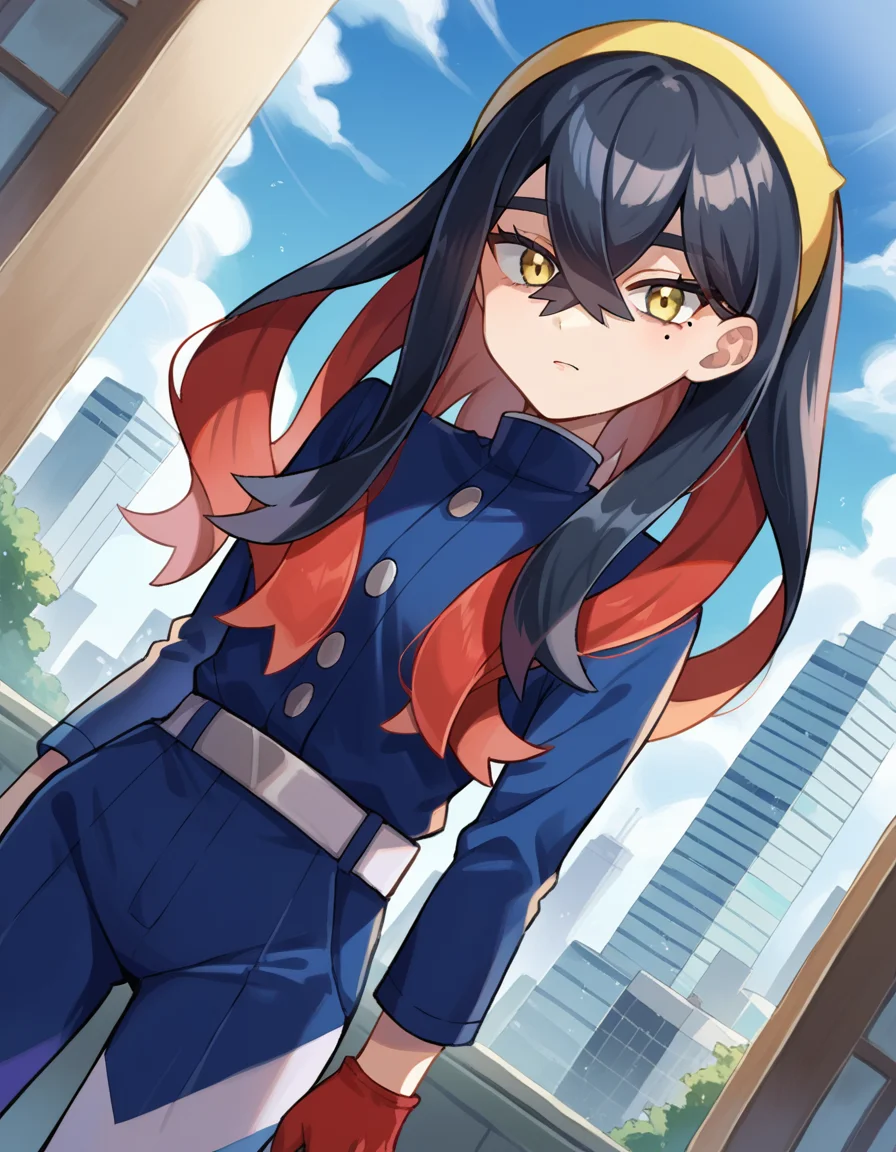 score_9, score_8_up, score_7_up, source_anime,
pokemoncarmine, <lora:pokemon-carmine-ponyxl-lora-nochekaiser:1>
pokemoncarmine, black hair, colored inner hair, crossed bangs, hair between eyes, hairband, long hair, mole, mole under eye, multicolored hair, red hair, sidelocks, two-tone hair, yellow eyes, yellow hairband,
buttons, long sleeves, jacket, gloves, red gloves, pants, belt, blue pants, blue jacket,
outdoors, cityscape,
looking at viewer, cowboy shot, dutch angle,