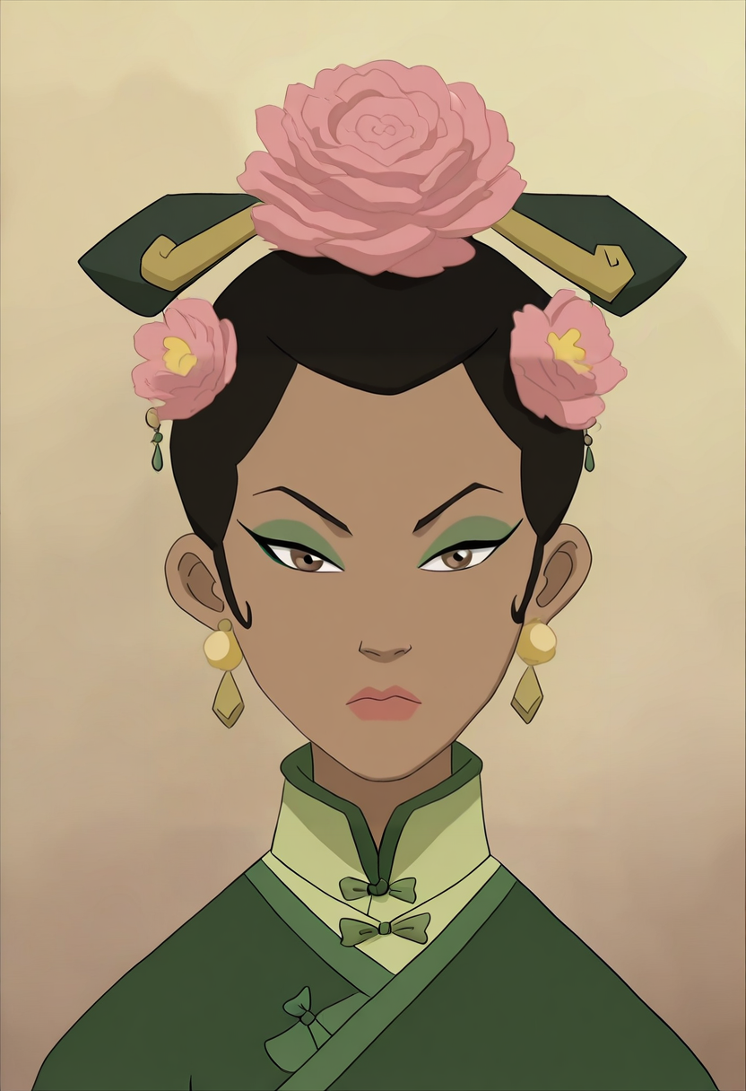 In the Avatar Animation style,  1girl, solo, looking at viewer, black hair, hair ornament, brown eyes, jewelry, closed mouth, flower, earrings, hair flower, makeup, chinese clothes, portrait, pink flower, eyeshadow, 
<lora:Avatar-Anime-Style2:1>,