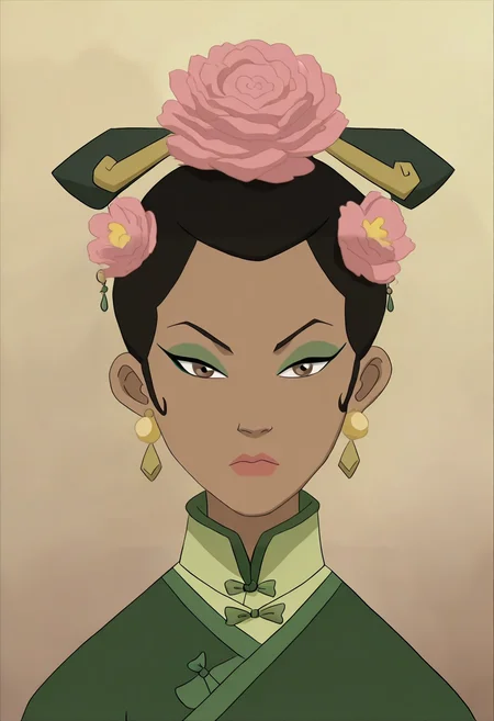 In the Avatar Animation style, 1girl, solo, looking at viewer, black hair, hair ornament, brown eyes, jewelry, closed mouth, flower, earrings, hair flower, makeup, chinese clothes, portrait, pink flower, eyeshadow,
<lora:Avatar-Anime-Style2:1>,