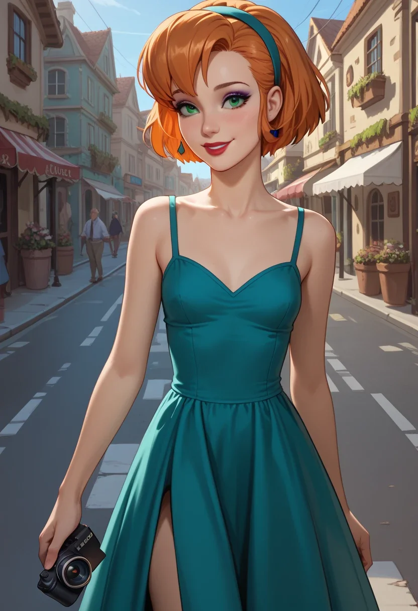 1girl, solo, cecilia, (adult body:1.2), perfect eyes, petite body, medium round breasts, orange hair, short hair, green eyes, makeup, eyeliner, eyeshadow, lipstick, shy smile, dress, hairband, walking, streets of a small, bucolic village, early morning, camera reflection