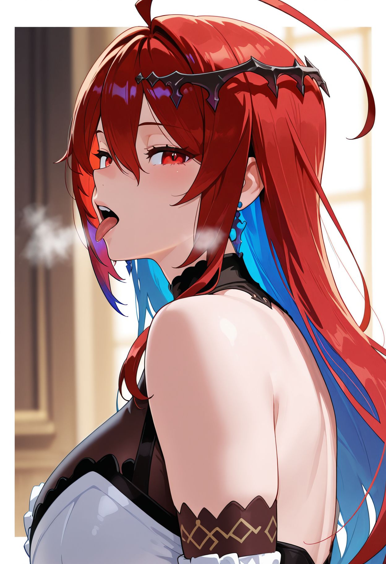 masterpiece,best quality,amazing quality, absurdres, <lora:aestheticc-meme_ilxl1.0_goofy:1>  elizabeth rose bloodflame, elizabeth rose bloodflame \(1st costume\), 1girl, ahoge, bare shoulders, blue hair, breasts, breath, colored inner hair, earrings, from side, hair ornament, heavy breathing, jewelry, large breasts, looking at viewer, looking to the side, messy hair, multicolored hair, open mouth, red eyes, red hair, solo, teeth, tongue, tongue out, virtual youtuber