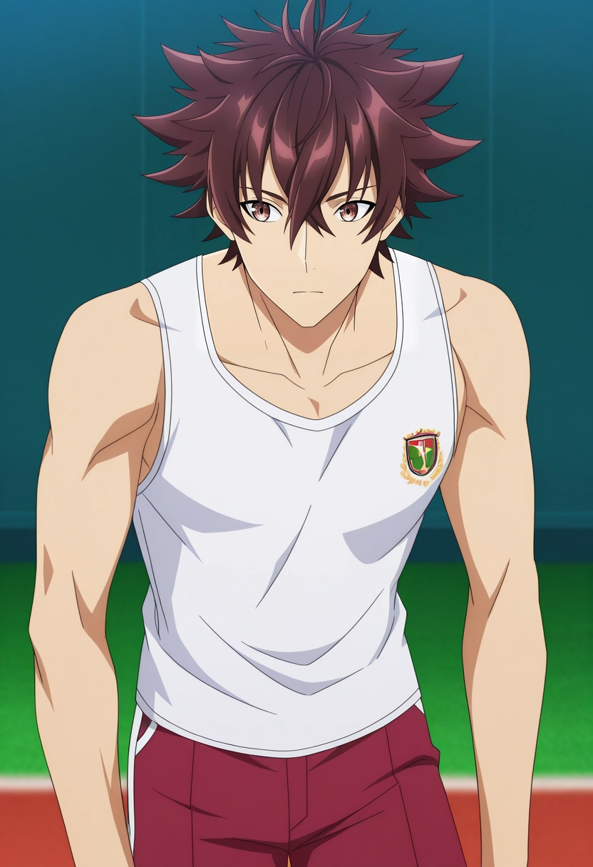 masterpiece, best quality, anime screencap, official style, anime coloring, cowboy shot, 1boy, solo, male focus, <lora:yuuya_tenjou_ilxl:0.94>, yuuya_tenjou, brown hair, brown eyes, short hair, hair between eyes, spiked hair, bangs, white shirt, collared shirt, , ElectricBlue Fair Isle Lycra Rugby shorts, Tank top, Chukka sneakers, , and