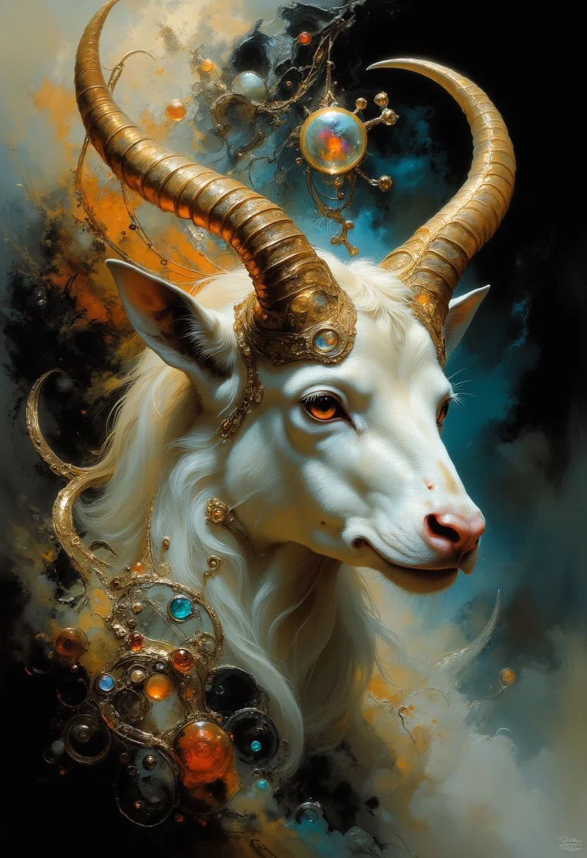 masterpiece, best quality, amazing quality, very aesthetic, absurdres, newest, volumetric lighting, holographic colors, horns, complex horns, cute, gradient colors, multicolored eyes, milf, dark background, masterpiece, best quality, amazing quality, very aesthetic, absurdres, newest, volumetric lighting, white sphere on the background