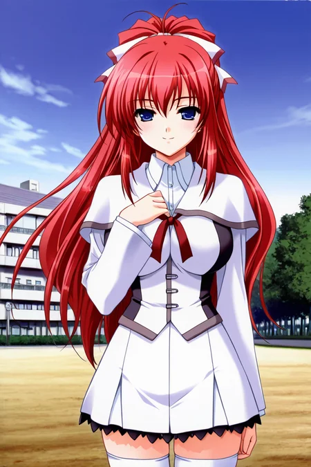 <lora:shiratori_mikoto_iny_ills:1>shiratori mikoto, school uniform, white short capelet, 1girl, solo, long hair, blue eyes, white fitted skirt with black frills, school bulding background, school park, outdoor, thighhighs, side white big hair bow, ponytail, red hair, white thighhighs, zettai ryouiki, one hand on chest,   seductive smile, high resolution,  cowboy shot, looking on viewer, large breast, (white thight sleeves), (red ribbon tie under capelet), slender body, young-adult, full body, brown shoes, <lora:HandFixer_pdxl_Incrs_v1:1>