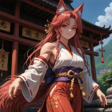 score_9, score_8_up,solo,(fox girl),dark red fur,standing proudly,cute eyes,beautiful face,shiny skin,narrow waist,((slender figure:1.3)),(huge fluffy ears:1.4,pointy),(big fluffy tail,detailed tail),jewelry,elegant adornments,((sleeveless miko clothes)),loose top,(short hakama),hip window,(abs,muscular,muscular arms),marked veins,meditation,muscular legs,inviting expression,smile,((girl focus)),(hand on upper frame),proud expression,dumb smile,closed mouth,cat mouth,(dark red eyelashes,long eyelashes),(close-up),(one leg up),(fighting stance),((imopsing figure)),
outdoors scenery,eastern medieval shrine,(,view from front)