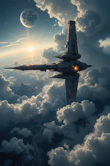 hyper photorealistic scene, a spacestation over a planet, partly shrouded in clouds, dramatic and cinematic light