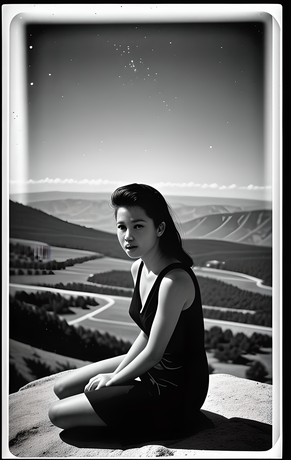 <lora:knives_and_time:1>  kata_bd  folding  monochrome (damage:1.2) (scratches:1.5) overlit overexposed torn Photograph of a woman wearing black dress sitting on top of a hill overlooking a valley painting   <lora:pytorch_lora_weights:1>