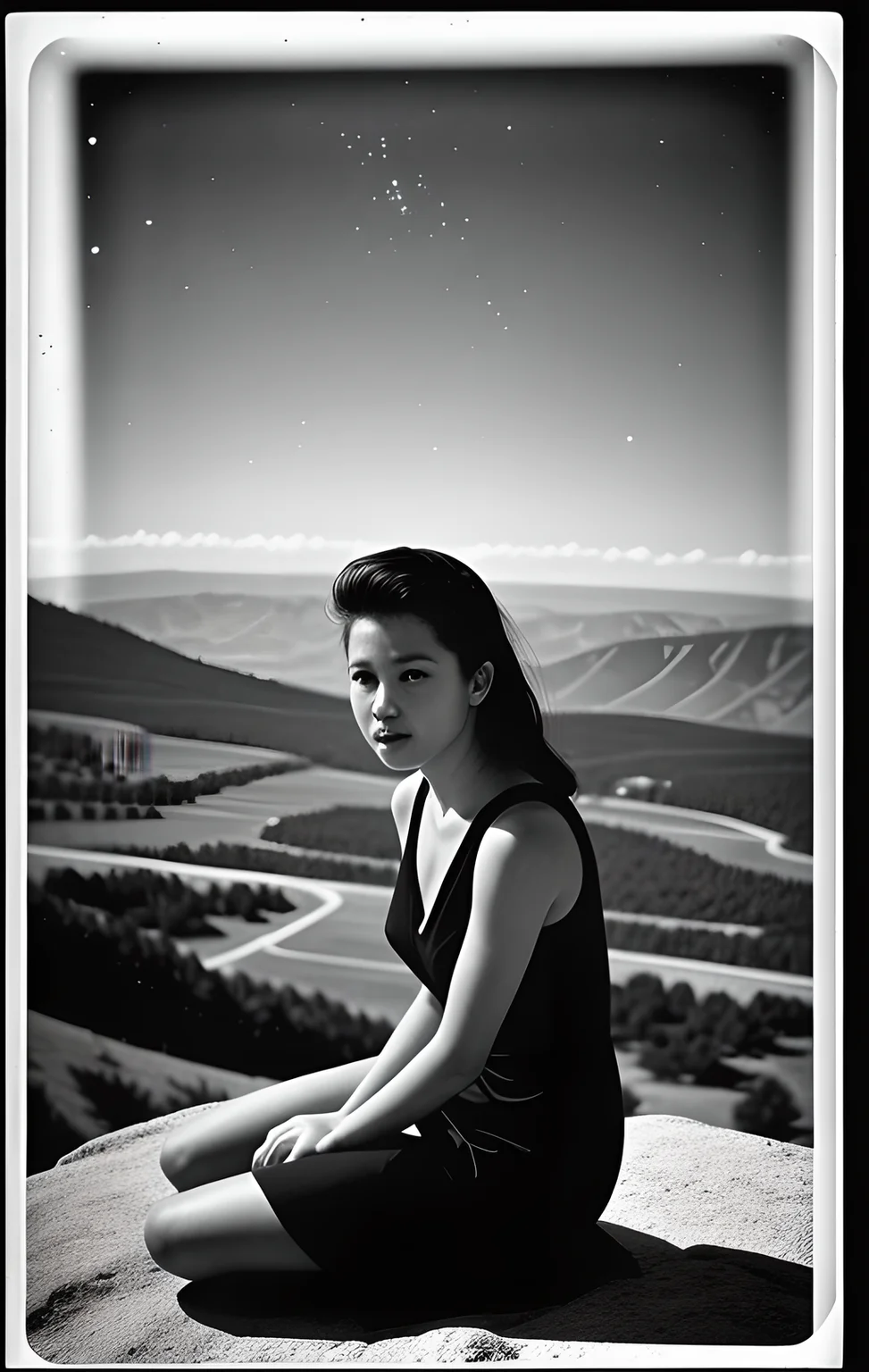 <lora:knives_and_time:1> kata_bd folding monochrome (damage:1.2) (scratches:1.5) overlit overexposed torn Photograph of a woman wearing black dress sitting on top of a hill overlooking a valley painting <lora:pytorch_lora_weights:1>