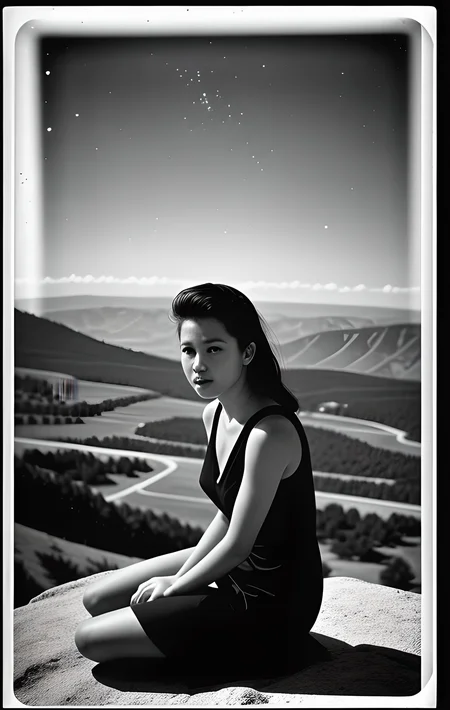 <lora:knives_and_time:1> kata_bd folding monochrome (damage:1.2) (scratches:1.5) overlit overexposed torn Photograph of a woman wearing black dress sitting on top of a hill overlooking a valley painting <lora:pytorch_lora_weights:1>