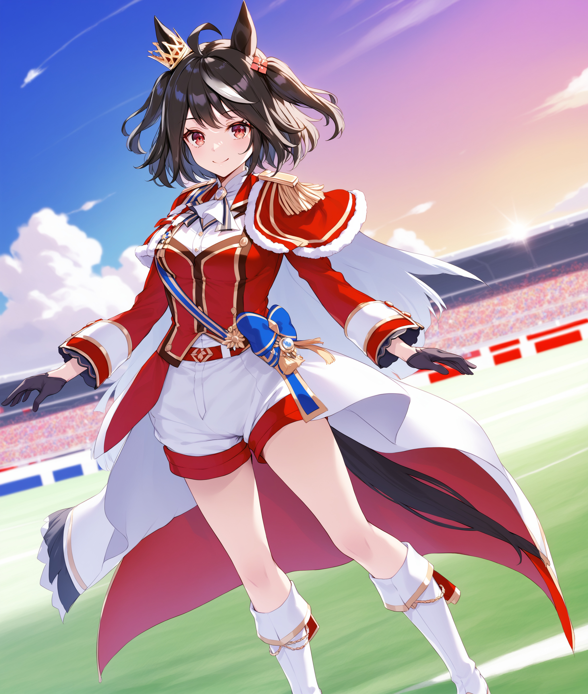 score_9, score_8_up, score_7_up BREAK
grassland, racing, 
final_bloom, 1girl, solo, looking at viewer, smile, black hair, hair ornament, red eyes, gloves, animal ears, closed mouth, standing, tail, full body, ahoge, white hair, multicolored hair, boots, shorts, black gloves, belt, medium hair, two side up, streaked hair, white footwear, horse ears, horse girl, horse tail, epaulettes, 
<lora:Kitasan_Black-ponyXL_V1:0.8>,