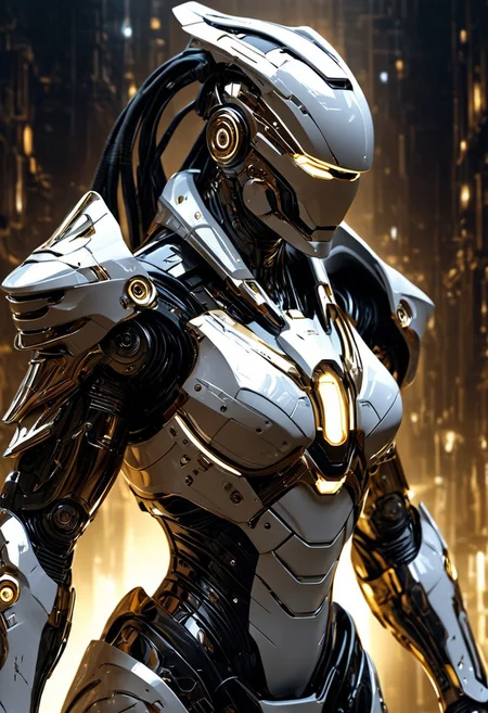 A futuristic cyborg with a sleek, high-tech design, combining human and robotic features. The cyborg's body is a mix of advanced white armor plates and glowing gold accents. Its face is a blend of human and mechanical elements, with one eye glowing with a bright gold hue. The body is muscular, yet sleek, with intricate gold circuitry visible beneath its white, polished surface. The arms and legs are made of advanced alloys, with mechanical joints and white, gold-trimmed armor. The cyborg stands confidently in a high-tech urban environment, with neon lights reflecting off the metallic surfaces. Its posture exudes strength and precision, a perfect fusion of human intellect and robotic power
black long flowing hair, marble white skin
, moody light, by H.R Giger, 4k resolution digital art trending on Artstation and unreal engine 5, hyperrealism, full body shot, glowing eyes, cinematic, epic, masterpiece, surreal, fantasycore, hyperdetailed, ultra realistic, octane render, volumetric lighting, depth of field, bokeh, 8 <lora:Details:0.85>