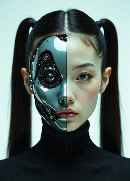 <lora:ck-Neurocore-Realistic-Cyborgs:1> in the style of ck-ncr, split image in two halfes, one half shows a young woman, the other half shows the woman as an android cyborg with ceramic face parts, revealing full transparent glass head with mechanical parts, long, dark hair styled in two high pigtails, Sci-fi movie
(style by George Shaw),shallow depth of field, vignette, (Fujicolor Superia X-TRA 400)