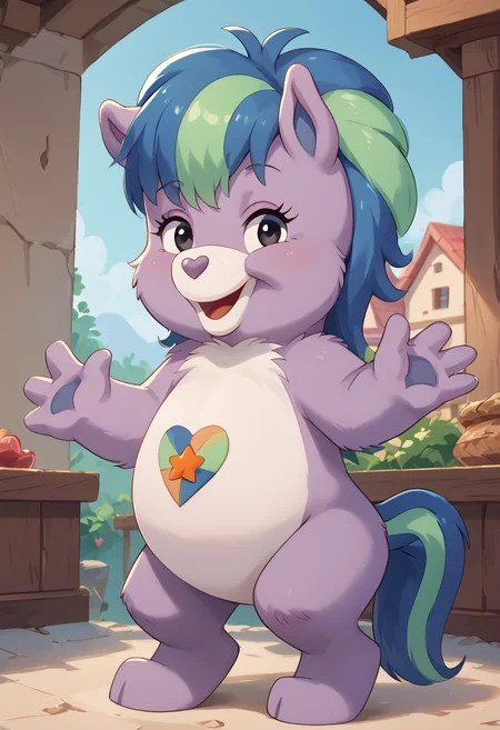 score_9, score_8_up, score_7_up, score_6_up, score_5_up, score_4_up,
1girl, feral, Nobleheart Horse, Care Bear, Belly Badge on chest, two tone body purple and white, black eyes, two color hair purple and yellow, two tone tail purple and yellow,
detailed, beautiful, vector, flat colors,  cute eyes, looking at viewer,
standing, waving,
full body shot,
<lora:OtherStyle_05V1:0.8><lora:Nobleheart_Horse_For_PonyXL:1>