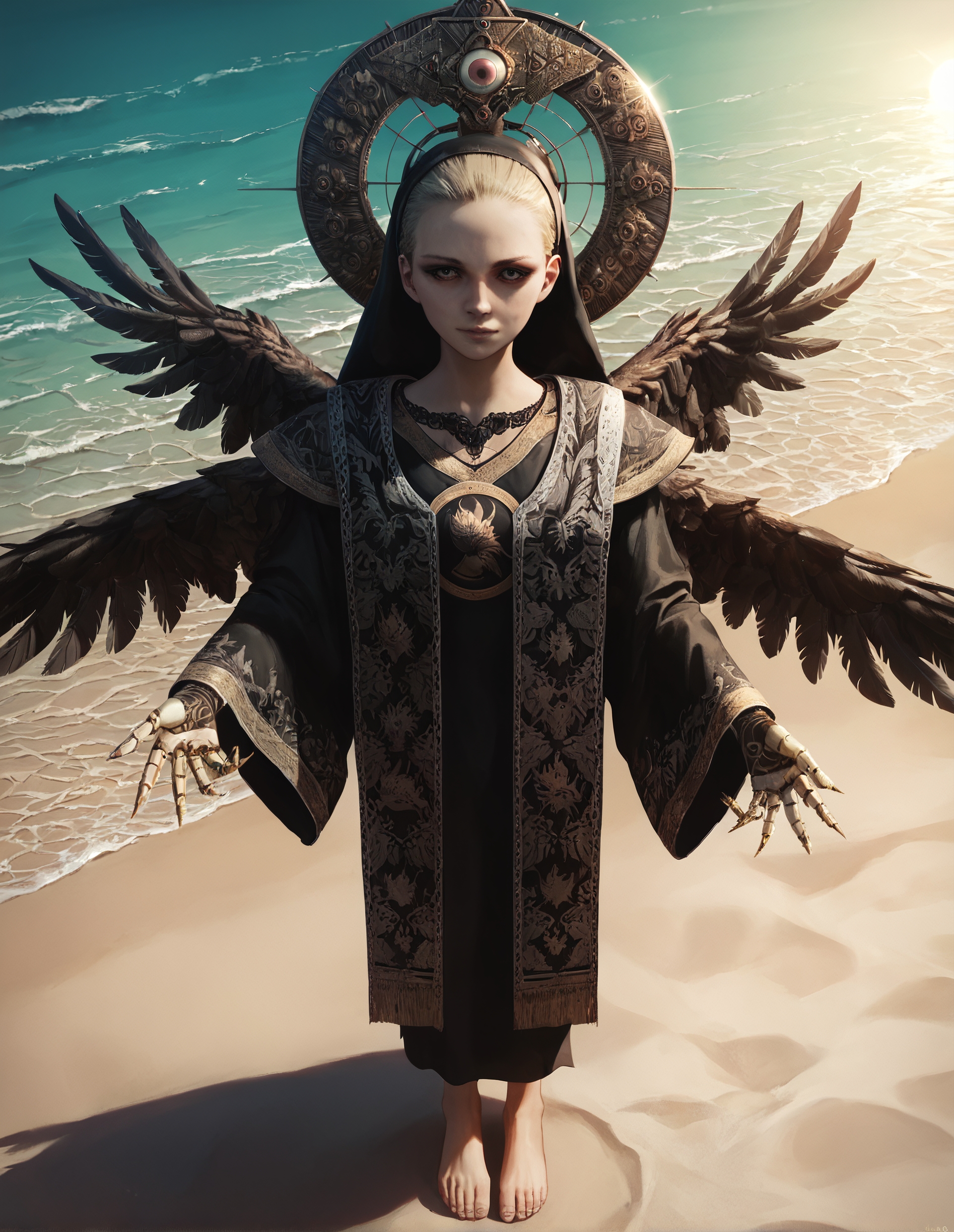 score_9, score_8_up, score_7_up,score_6_up,high resolution,source_anime,mrnd,1girl,at beach,blonde hair,long hair,black veil,black robe,mechanical halo,feathered wings,volumetric lighting,rim lighting,sunny,sun,day,dof,solo,full body,from above,looking at viewer,barefoot,standing