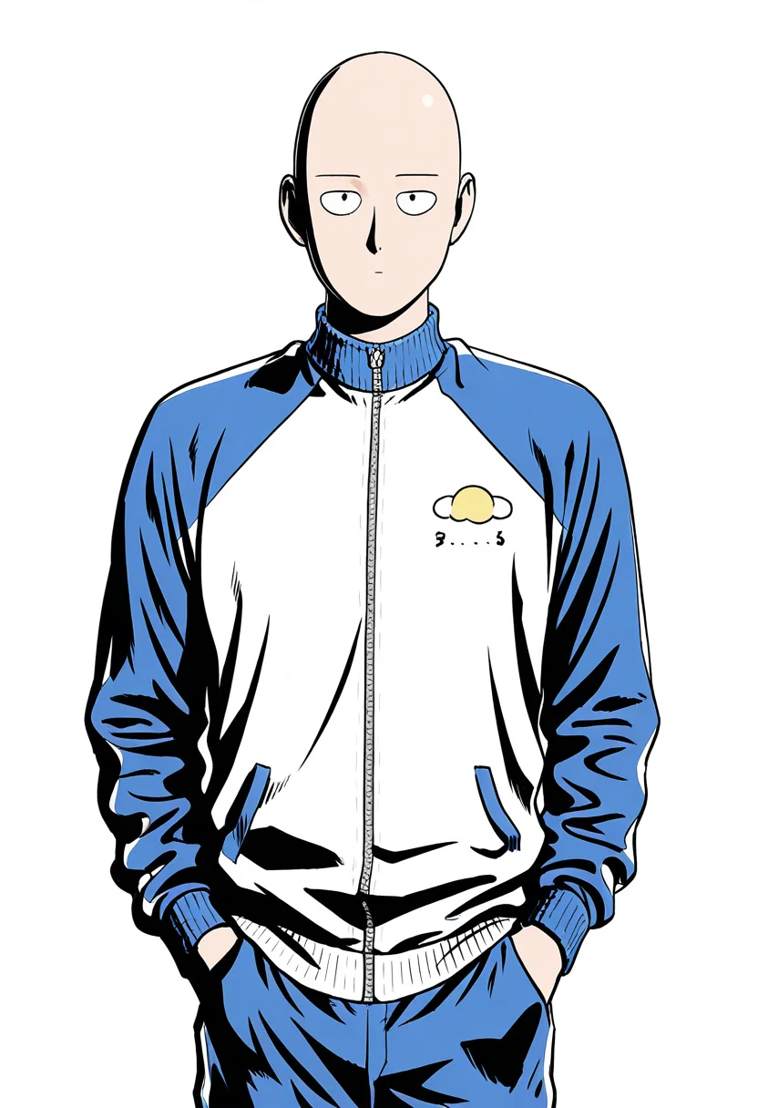 male, solo, alone, 1boy, male focus, (bald, track jacket), (, hands in pocket, looking at viewer, ),
 

BREAK 

(solid white background, ), sa1tama, parody, , DR, 8K, beautiful, high contrast, masterpiece, best quality, amazing quality, very aesthetic, absurdres, newest, depth of field, ray tracing, dynamic angle,