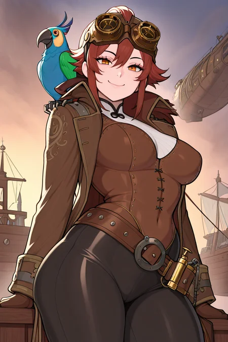 masterpiece, best quality, medium breasts, (curvy), ,,, steampunk pirate captain, brass goggles, weathered leather coat, mechanical parrot, airship in the background, intricate steampunk accessories, rugged and confident poseBREAK, 1girl, solo, smile, looking at viewer, cowboy shot, <lora:AfrobullIXL_v1:1.0>,