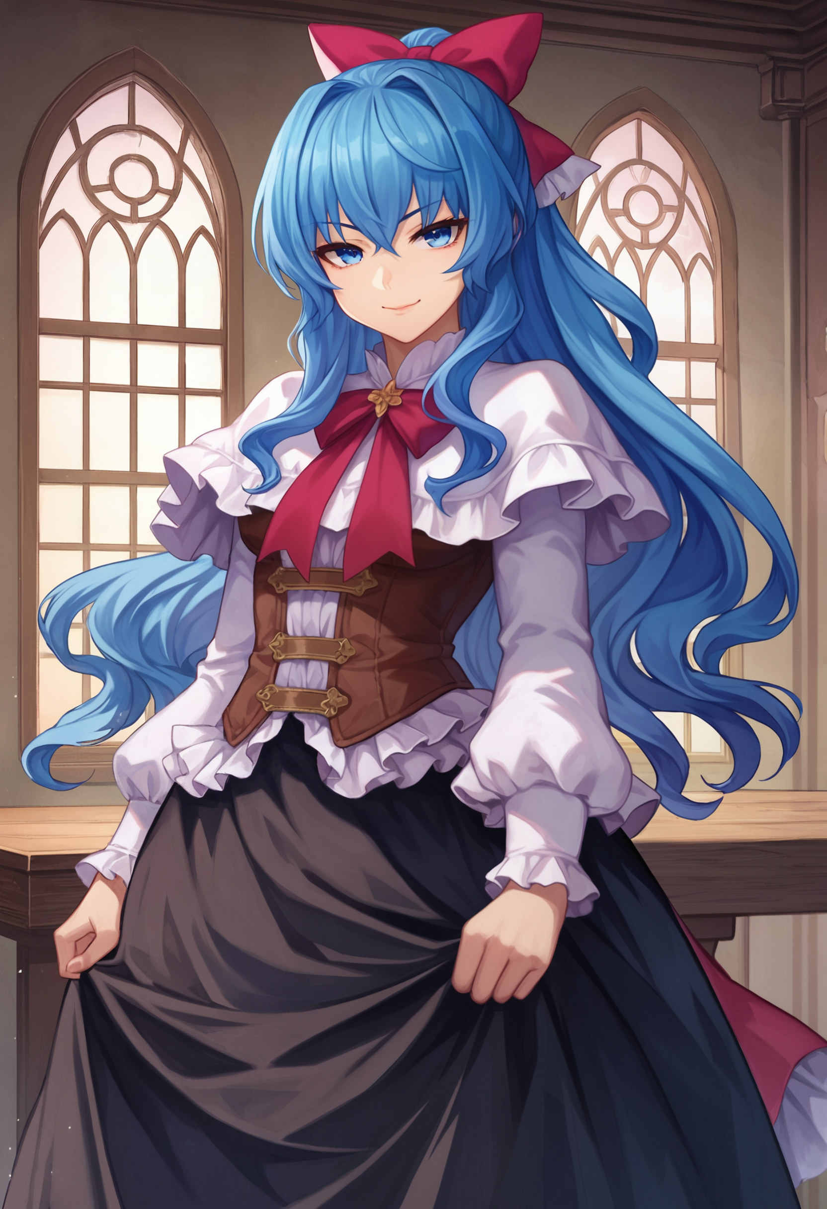 zPDXL, source_anime, BREAK
liselotte, blue hair, sidelocks, blue eyes,
closed mouth, naughty face,
default outfit,  hair bow, black skirt, long skirt, 
cowboy shot, standing,
indoors   <lora:liselotte-cretia-pdxl2-005:0.6>