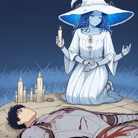 masterpiece, best quality, newest, absurdres, highres, anime, anime style, MHWW-V1.0, my hot witch wife (meme), 1girl, ranni the witch \(elden_ring\), blue hair, blue eyes, doll joints, joints, one eye closed, white dress, extra arms, 4arms, BREAK 1boy, armor, knight,