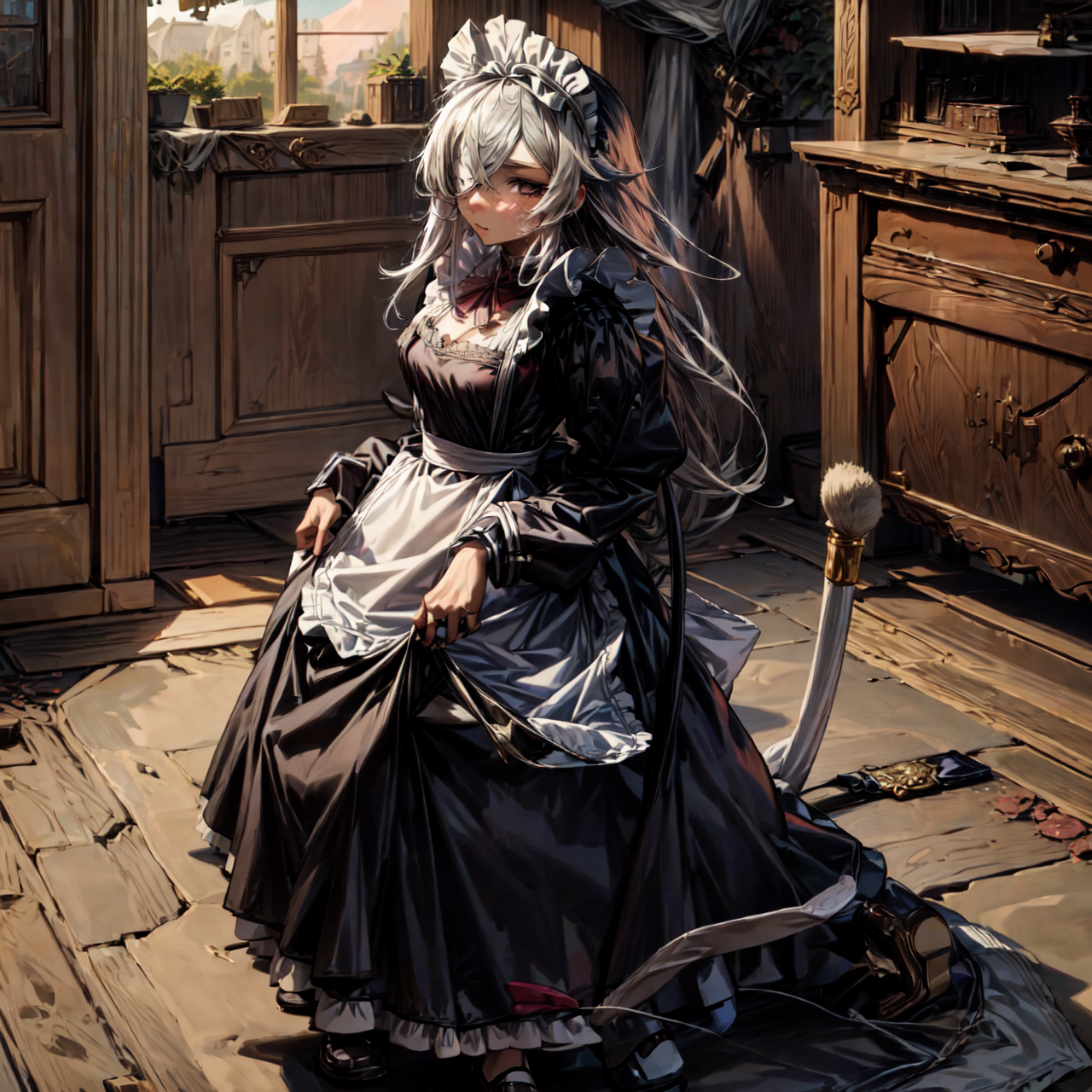 ghislaine dedoldia, <lora:Ghislaine_mushoku_tensei:1.1>, maid, maid dress, high quality, highres, masterpiece, best quality, 8k, intricate, detailed, <lora:add_detail:0.6>, very detailed, <lora:more_details:0.6>, <lora:JuggerCineXL2:0.6> <lora:NsfwPovAllInOneLoraSdxl:0.5>, <lora:victorian_maid-1.0:0.9>