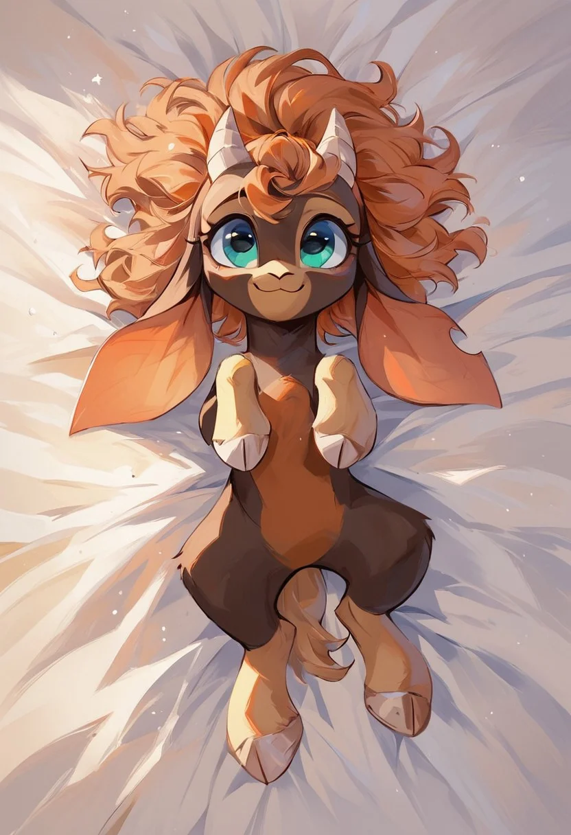 score_9, score_8_up, score_7_up, score_6_up, score_5_up, rating_safe, shanty \(tfh\), on back, solo, female, goat, lying on bed, cute, orange hair, wholesome, smile,
high detailed face, (high art quality), Full body, (high detailed), 8k, (high resolution), masterpiece, best quality, amazing quality
