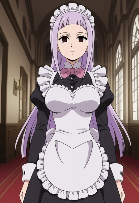 anime screencap,8k, absurd res, 1girl, solo, looking at viewer, long hair, purple hair,bangs,empty eyes,wearing a maid outfit,indoors,detailed background,mansion, hips,melascula,<lora:melascula:1>