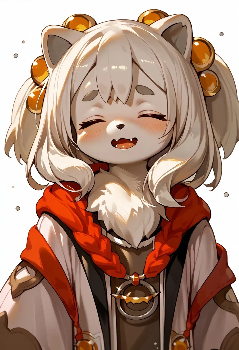score_9, score_8_up, score_7_up, fini_(world_flipper), furry, kemono, anthro, 1girl, solo, female, white hair, white fur, closed eyes, open mouth, flat chest, preteen, young age