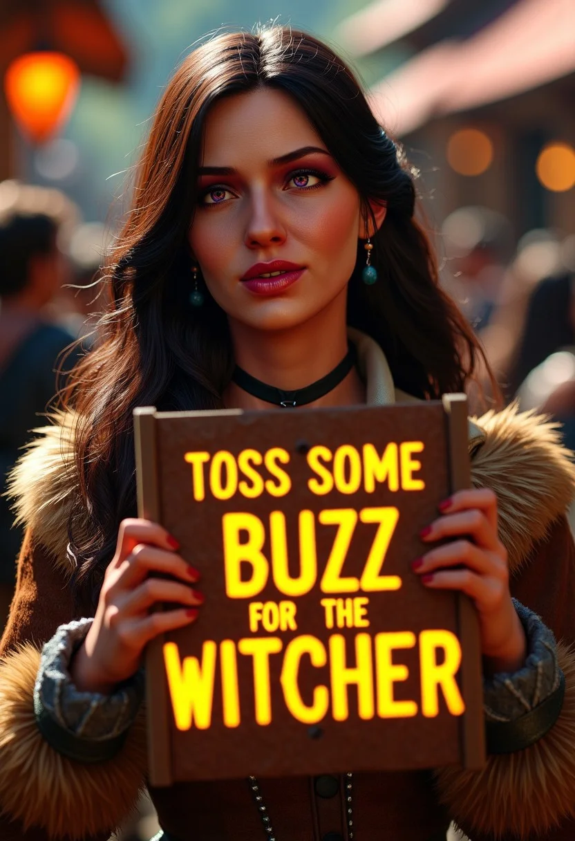 A vibrant and playful portrait of Yennefer woman with flawless skin, big expressive eyes, and long flowing hair. She’s holding a sign with the words ‘TOSS SOME BUZZ FOR THE WITCHER’ in bold, glowing letters. Her look is very natural—wearing a elegant fur and dress, covering her body. The setting is a lively medieval town, with bustling activity in the background. The image features hyper-detailed textures, soft backlighting highlighting her hair, and cinematic color grading, shot with a shallow depth of field using a Hasselblad camera and 85mm lens at f/1.2. The vibe is fun, bold, and unmistakably eye-catching.