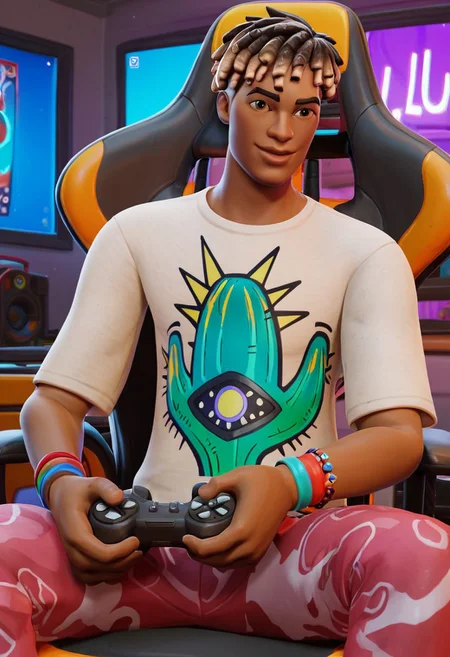 score_9, score_8_up, score_7_up, score_6_up, score_5_up, score_4_up, BREAK <lora:Lunas-FortniteStyle-SDXL-A1:1>
1boy, dark-skinned male, jewelry, black dreads, male focus, shirt, dreadlocks, solo, pink pants with cactus outlined details, white shirt with cactus, blue-white-orange sneekers, print shirt, pants, t-shirt, white shirt, bracelet, brown hair,
gaming room, playing fortnite, controller, sitting in a gaming chair, led lights, smiling,