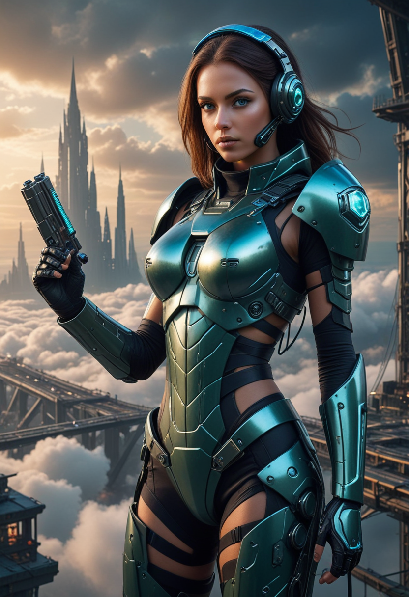 ((fashion photography)), perfect face, perfect eyes, (medium full shot) of  (esthetic futuristic soldier) young woman, italian, green eyes, tan skin, tan skin, blue eyes, Average build, long dark straight down hair, wearing Quantum entanglement chest armor with phase shift technology, nano-mesh tactical suit with molecular stabilization, neural interface visor with quantum targeting, energy blade gauntlets, EMP grenade launcher, set in  Skyborne metropolis suspended above the clouds, floating platforms connected by shimmering bridges, sleek airships navigating between towering spires of glass and steel , at night, surprised, open mouth, pointing her finger at the viewer, masterpiece, best quality, photorealistic, very aesthetic