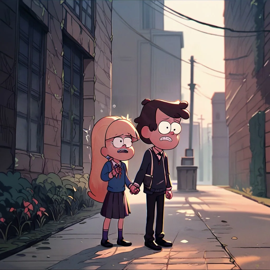 score_9, score_8_up, score_7_up, score_6_up, score_5_up, score_4_up, 1boy, 1girl, DipCif, holding hands, school uniform, gekkoukan high school uniform, black skirt, black pants, outdoors, scared, dark world, shadow hour