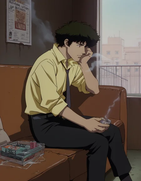 score_9, score_8_up, score_7_up, <lora:cowboy-bebop-ponyxl-000020:1> spiegel, yellow shirt, necktie, pants,
1boy, male focus, solo, couch, sitting, marijuana, smoke, joint \(drug\), bong, messy room, close-up