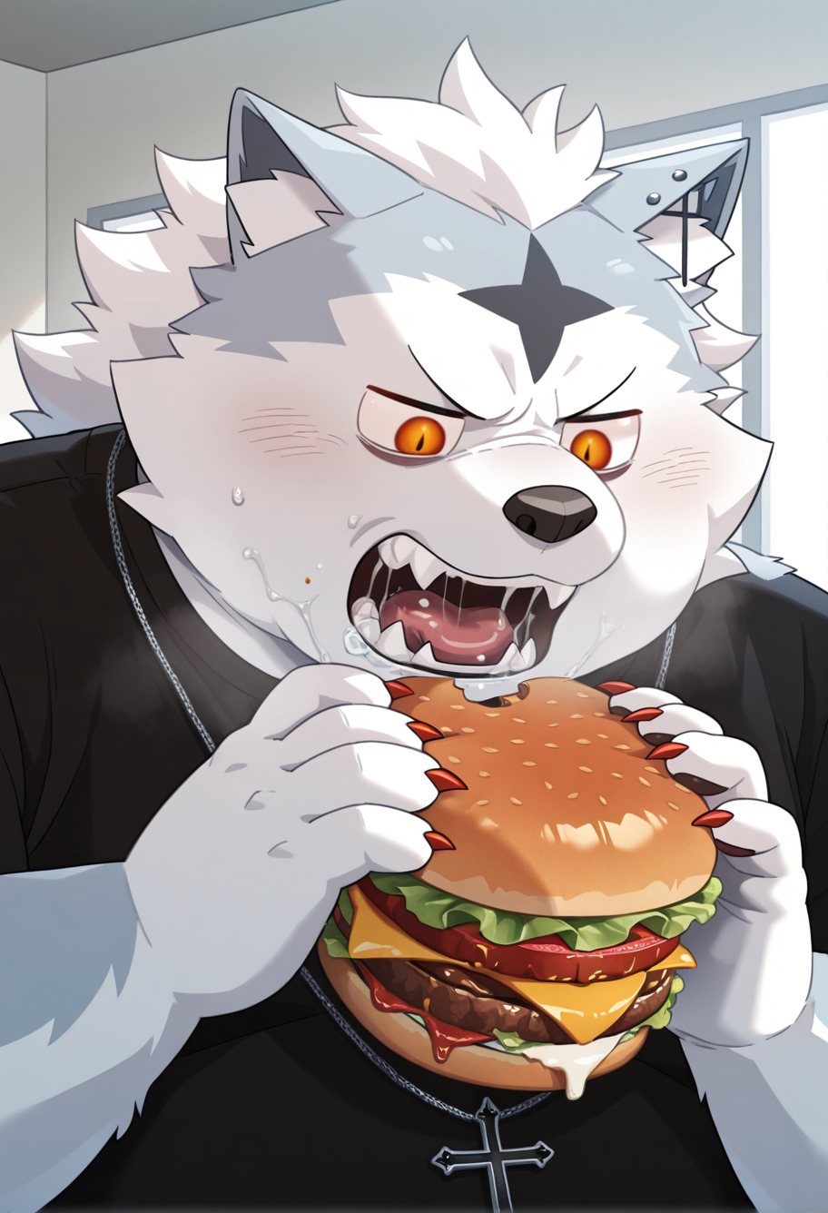 valkianiki, 1boy, solo, furry, looking down, open mouth, fangs, saliva, black shirt, cross necklace, eating burger, blush, angry, sharp red claws, overweight