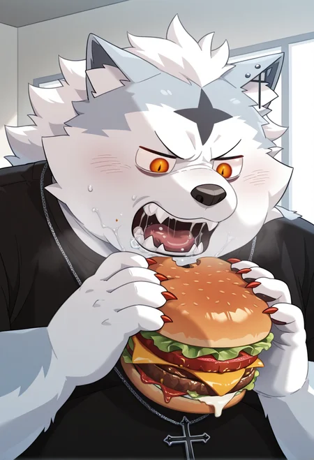 valkianiki, 1boy, solo, furry, looking down, open mouth, fangs, saliva, black shirt, cross necklace, eating burger, blush, angry, sharp red claws, overweight
