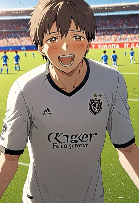 high resolution, solo, best quality, 1Boy, Takaki Toono, Brownish Hair, Brown Eyes, soccer player, field, portraits, sport photography, celebration, OverallDetail