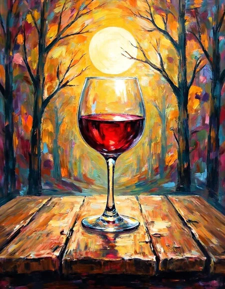 ssf_4bstr4ct painting, the sun is shining through a glass of red wine standing on an old wooden table