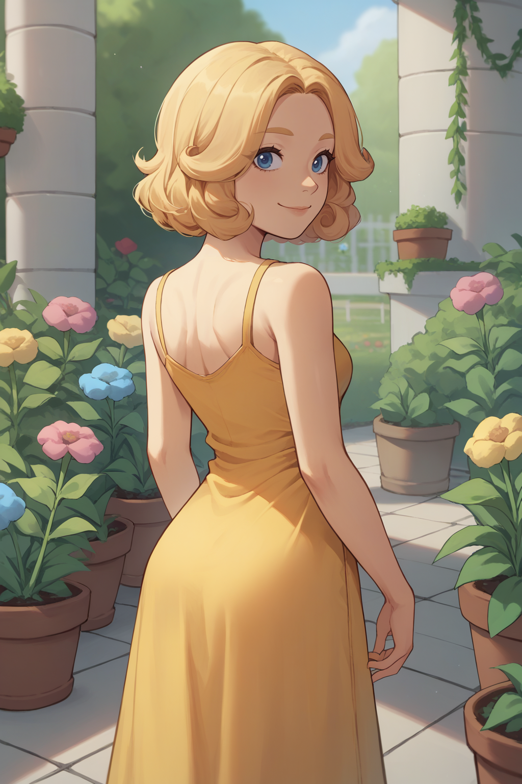 score_9, score_8_up, <lora:NSPhyllisPortia:1> NSPhyllisPortia, 1girl, solo, blonde hair, medium hair, blue eyes, yellow sundress, from behind, garden, looking back, smile, sunny