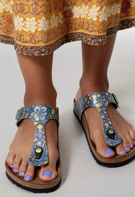 photograph of woman's feet wearing sandals, 1girl, solo, dynamic_pose, simple_background, white_background, gizehonfeet, (yellow and blue toenail_polish), (close-up:0.5), lower_body, footwear_focus, patterned long_skirt