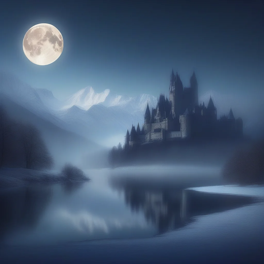 forboding scene with a large castle of in the distance. heavy mountain range coverd in snow with lightly foggy lake at the base. celestial moon in the sky. natural lighting. depth of field.