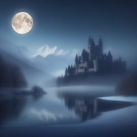 forboding scene with a large castle of in the distance. heavy mountain range coverd in snow with lightly foggy lake at the base. celestial moon in the sky. natural lighting. depth of field.