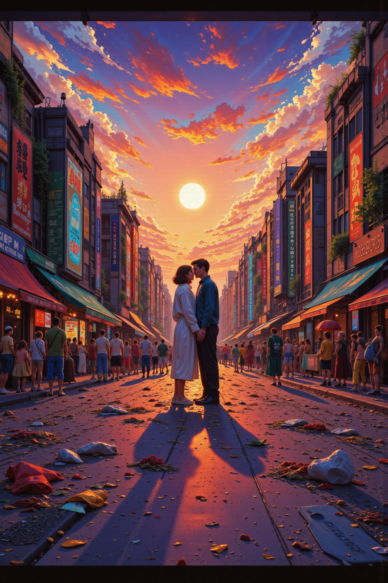 steamy kiss in a crowded street beautiful  landscape, sunset, woman, very intricate, very detailed, sharp, bright, colorful, <lora:Hand v2:0.5> <lora:Anti-Blur:1><lora:Insane Detail Slider:0.25>  <lora:flux.1_lora_flyway_Epic-detail_v2:0.3> <lora:fluxenhancer:0.25> <lora:90s-anime:1> retro anime, 77oussam 90s, studio ghibli style, 1990s anime