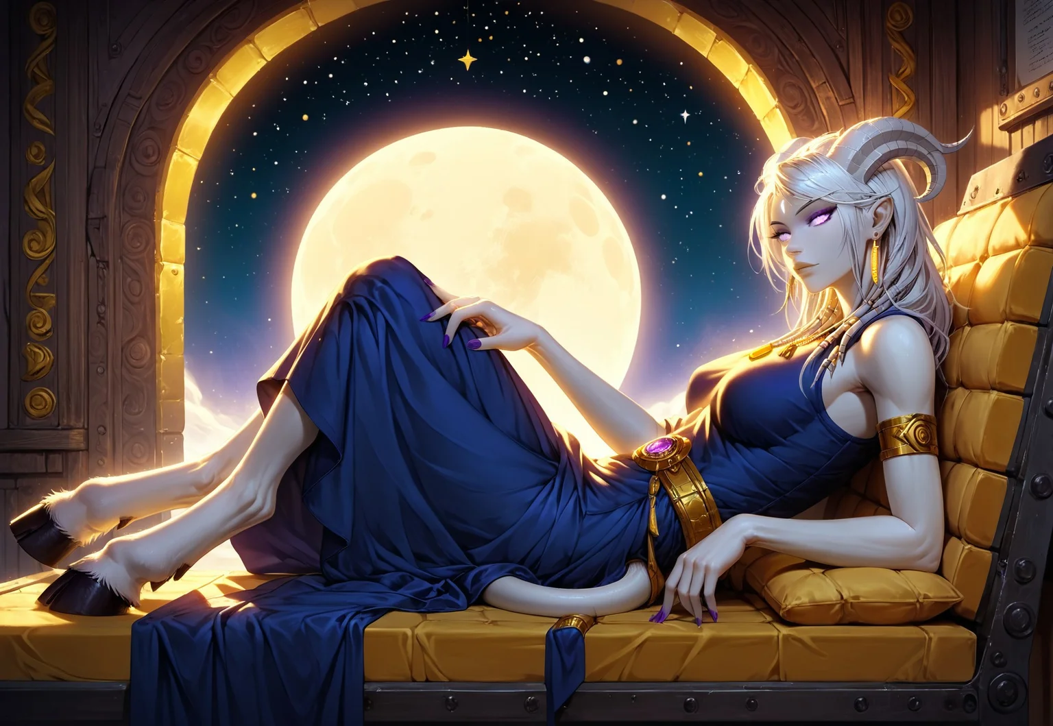 (absurdres, best quality, masterpiece:1.4), score_9, score_8_up, score_7_up, score_6_up, detailed, detailed body, detailed face, world of warcraft, fantasy, <lora:add-detail-xl:1.5>,

fFaceDetail, (female, draenei, h0rns, ram horns, white horns, tall, athletic arms, pale white skin, long white hair, purple eyes, long white tail, long fingers, purple fingernail polish), 

(long loose blue dress, yellow silk scarf, tail under dress, simple armlet, small yellow gem pendant, small yellow gem earrings),

portrait, side view, looking to viewer, angered face, (lying down, lying on bench, lying on side),

GunMonk, shotgun, full body, side view, (window in background, outer space in background, stars, no clouds, moon), metal wall, limestone furniture, sitting at table, legs on table, leaning back in chair